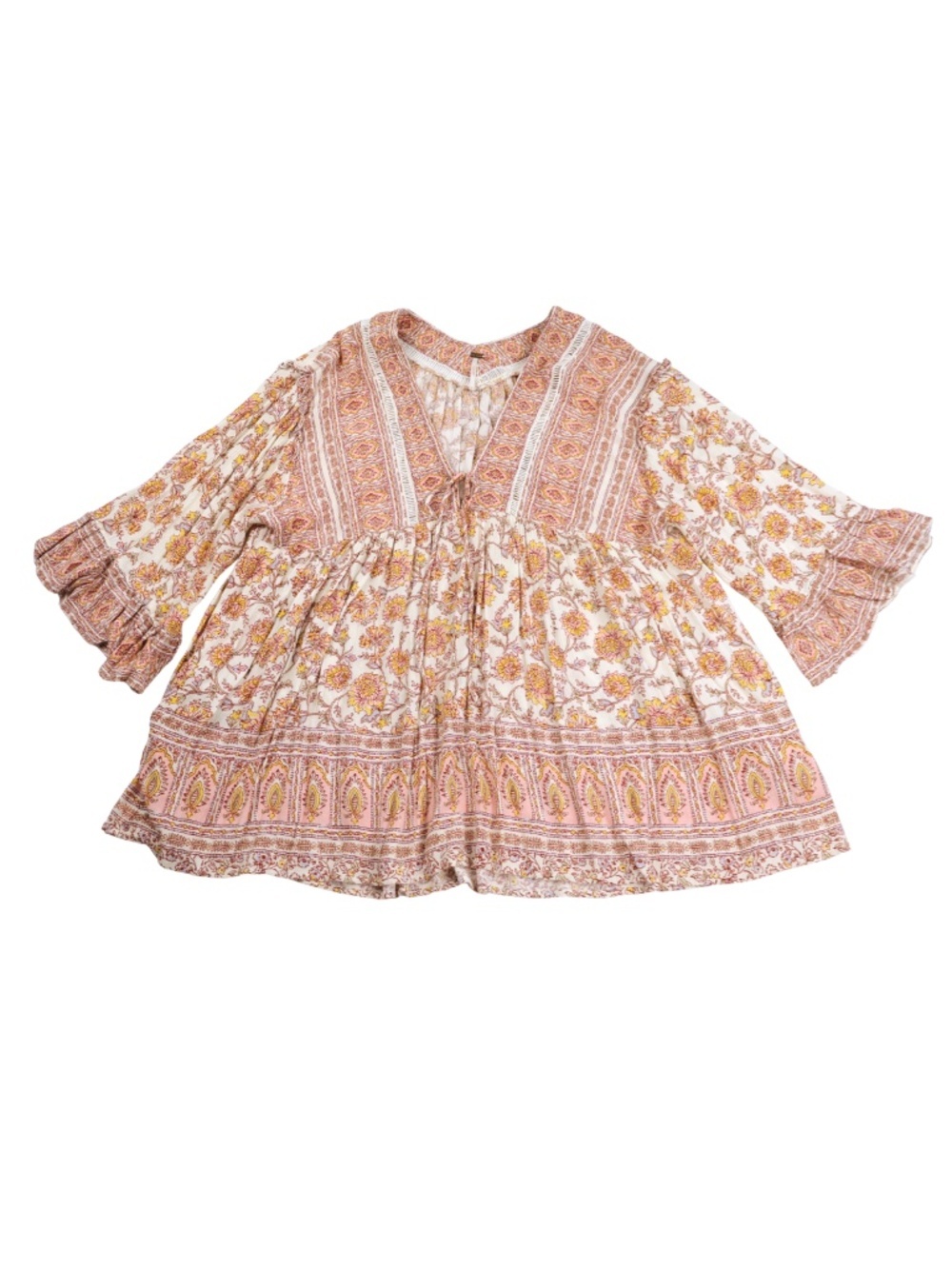Free People Floral Boho Babydoll Peasant Blouse Bell Sleeve Medium